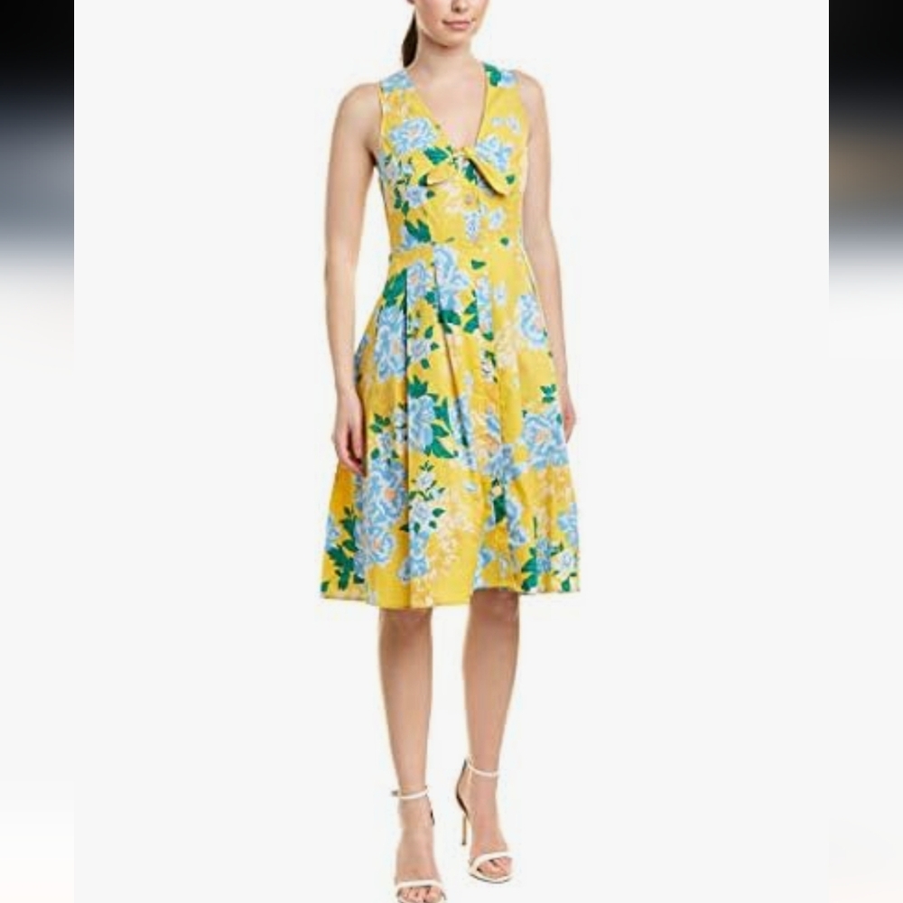 Donna Morgan Yellow Floral V-Neck Midi Dress with Blue Bloom